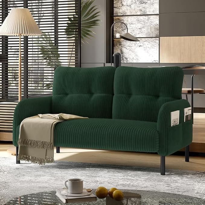 Corduroy Loveseat for Living Room &amp Bedroom - Modern 2-Seater Sofa with Storage PocketsSolid Wood Frame High-Density FoamComfortable Compact Couch for Small Spaces500 lb Capacity (Emerald)