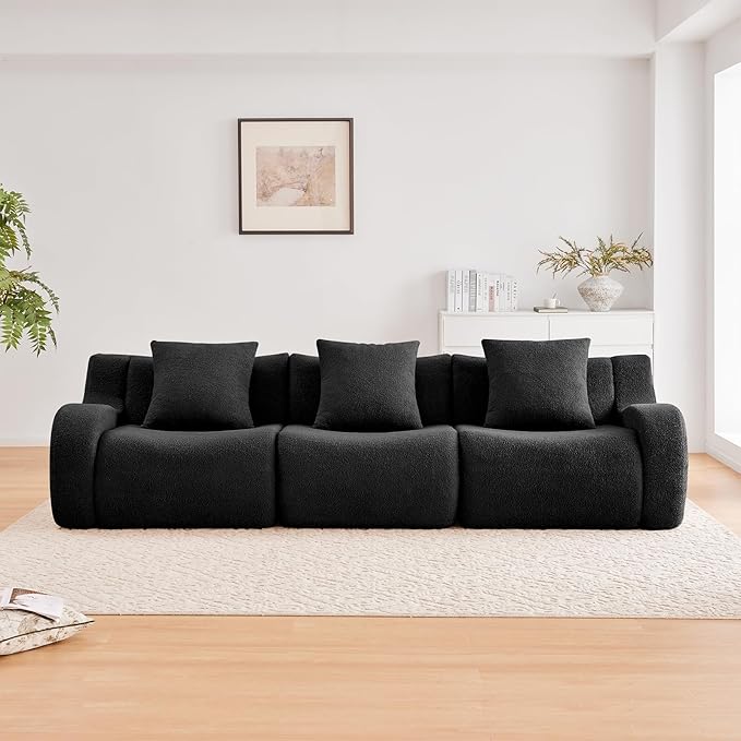 Black 3-Seater Cloud Couch Modern Teddy Fabric Boneless Sectional Sofa in a Box for Living Room Modular Floor Couch Deep Seat No Assembly Required Sofas para Sala