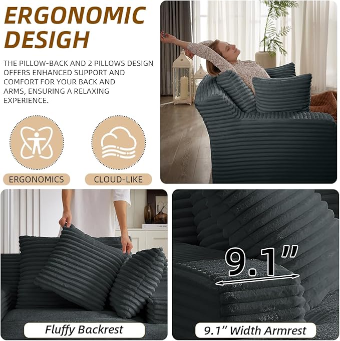 Oversized Chaise Lounge Chair Indoor Bedroom Single Deep Seat Comfy Corduroy Upholstered Sofa Bed No Assembly Required Sleeper Chair Sofa for Living Room (Grey)