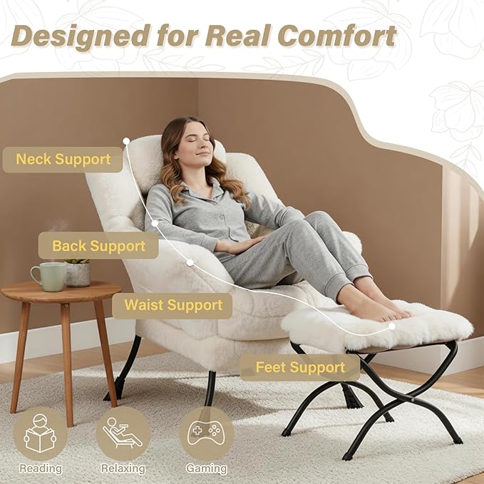 Lazy Chair and Ottoman Large Plush Beige Contemporary Accent Chair with a Side Pocket Modern Leisure Upholstered Reading Armchair with Footrest for Office Bedroom Living Room Balcony