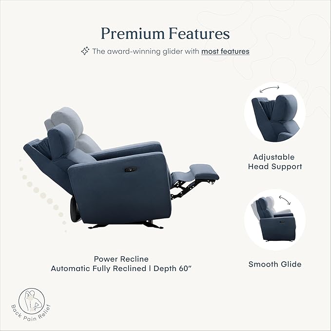 Nurture&amp The Glider Premium Power Recliner Nursery Glider Chair with Adjustable Head Support | Designed with a Thoughtful Combination of Function and Comfort | Built-in USB Charger (Navy)