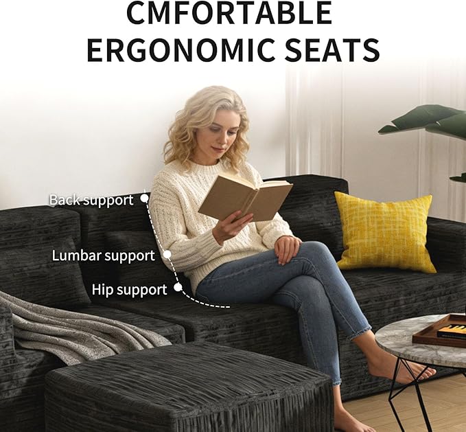 Cloud Modular Sectional CouchSectional Sofa with Deep Seat Sofa Couch with ChaiseBoneless Couches for Living Room BedroomNo Assembly Required (Black 3 Seater)