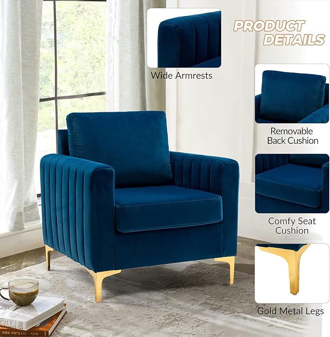 HULALA HOME Velvet Accent Club Chair Modern Velvet Armchair Upholstered Accent Club Sofa Chair with Gold Metal Legs Mid-Century Barrel Leisure Comfy Reading Armchair Navy
