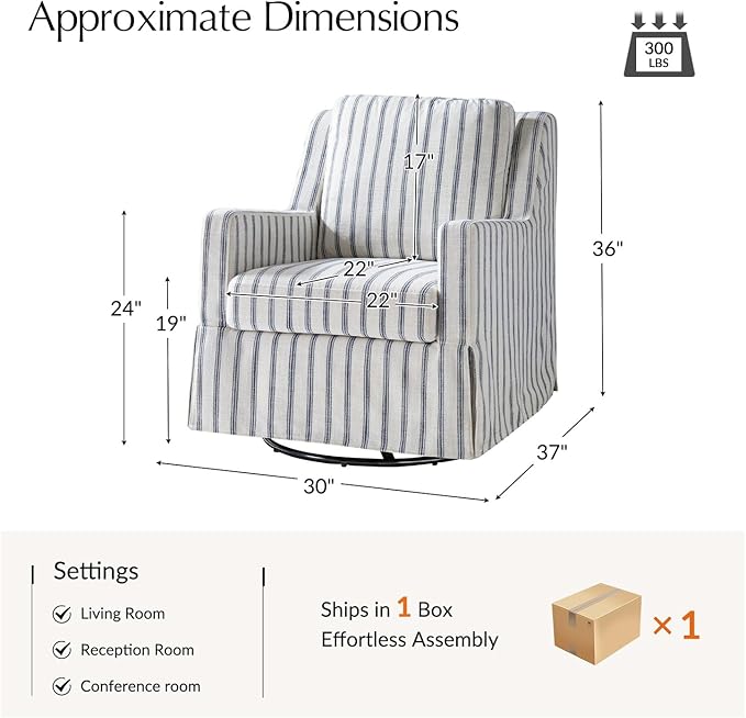HULALA HOME Swivel Rocker Chair Farmhouse Swivel Rocking Accent Chair with Washable Slipcover Striped Fabric Barrel Armchair with Down Filled Cushions Navy