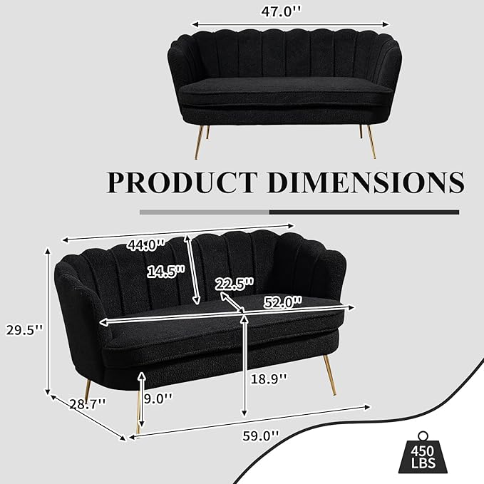 59 Wide Loveseat Sofa Boucle Upholstered Small Couch with Petal-Shaped Design Modern Leisure Sofa with Gold Metal Legs Mini Room Couch for Bedroom Apartment (Black-Boucle)