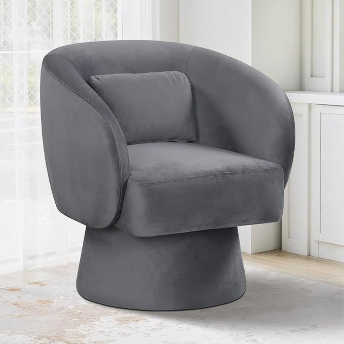 Giantex Swivel Accent Chair Upholstered Barrel Chair with Curved Back &amp Removable Lumbar Pillow Comfy Round Armchair with 360° Rotating Function Single Sofa Chair for Living Room