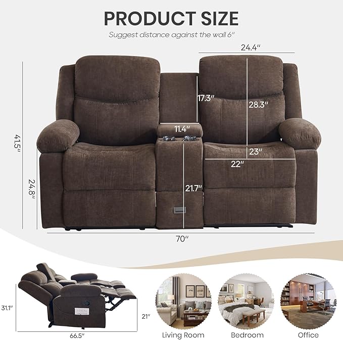 Recliner Sofa Reclining Loveseat Sofa with Massage &amp Heat Reclining Couch with Side Pockets Extra Storage Cup Holders for Living Room