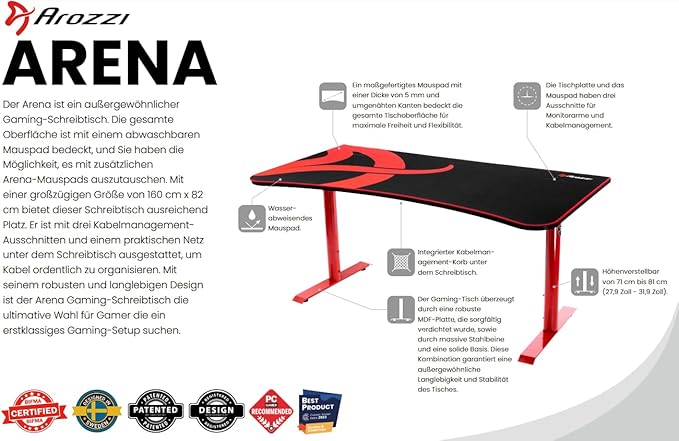 Arozzi Arena Ultrawide Curved Gaming and Office Desk with Full Surface Water Resistant DeskMat Custom Monitor Mount Cable Management Cut Outs Under The Desk Cable Management Netting - Dark Grey
