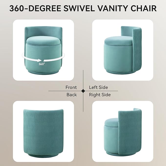 Velvet Vanity Chair with Storage 360° Swivel Makeup Chair with Wave Back No Assembly Small Accent Stool for Bedroom Dressing Living Room Teal