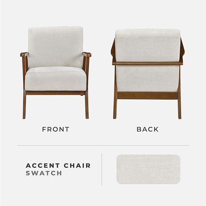 Lexicon Mid-Century Modern Accent Chair Woven Chenille Fabric Lounge Chair Chestnut Solid Wood Frame Wide Arm Rest and Cushioned Comfort for Living Room/Office/Bedroom/Reading Nook Beige