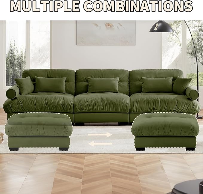 166 Large Sectional Couches for Living Room Cloud Modern Modular Deep Seat Sofa Set Comfy Couches with 2 Ottomans Velvet Fluffy 4 Seater Sofas for Bedroom Apartment U Shaped Olive
