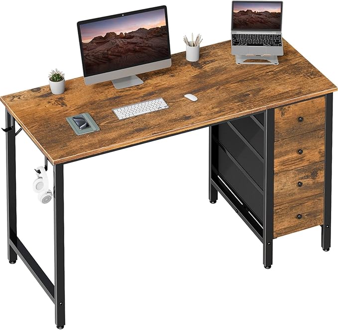 DLisiting 47 Inch Computer Office Desk - Home Office Desk with Storage Fabric Drawers Simple PC Writing Work Desks for Bedroom Boys Girls Teens Childrens Rustic Brown