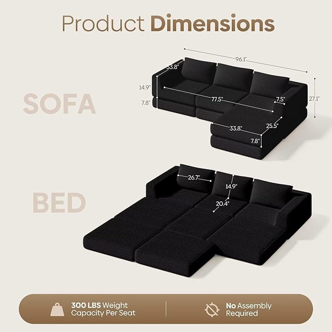 L-Shaped Corduroy Modular Sectional Couch Modern Floor Couch Sofa for Apartment Living Room Convertible Sleeper Sofa Bed with 3 Pillows No Assembly Required Black