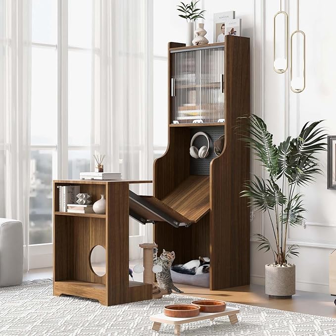 Folding Out Desk with Storage Expandable Hidden Desk Space-Saving Pull Out Murphy Table Writing Table with Shelves and Free Cat Bed for Home Office Bedroom Dorm Room Small Spaces (Walnut..)