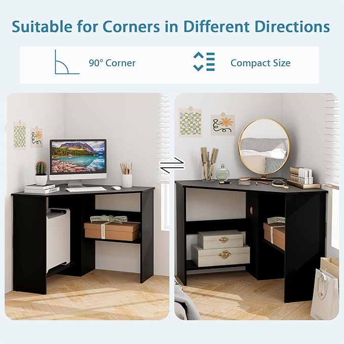 LDAILY Corner Desk Space Saving 90 Degree Triangle Computer Desk with Storage Shelves &amp Cable Holes Wood Compact Corner Writing Table for Small Spaces Home Office Bedroom &amp Living Room Bl