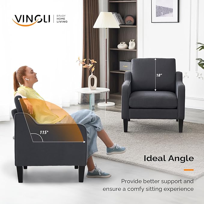 VINGLI Mid-Century Modern Accent Chair Dark Grey Linen Upholstered Comfortable &amp Supportive 380lbs Weight Limit Perfect for Living Room Bedroom Office