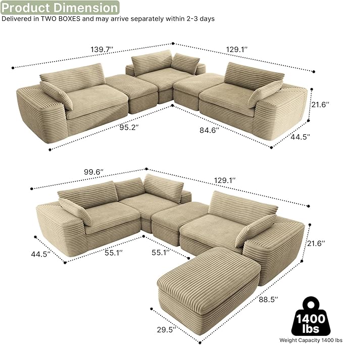 185'' Oversized Sectional Couches for Living Room Boneless Modular Sectional Sofa Plush Corduroy Cloud Couch with Ottoman U Shaped Sofa Bed No Assembly(Beige)