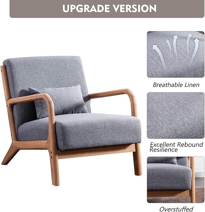 ANJ Mid Century Modern Accent Chairs Set of 2 Comfy Fabric Reading Chair with Solid Wood Frame Easy Assembly Armchair for Living RoomGrey