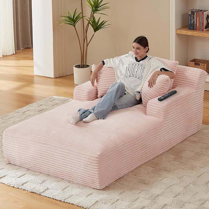Avenix 79” Oversized Chaise Lounge Chairs Indoor Corduroy Boneless Chaise Lounges Chairs Indoor Deep Seat Big Comfy Reading Chair Cloud Sleeper Chair Sofa Couch Bed for Living Room Pink