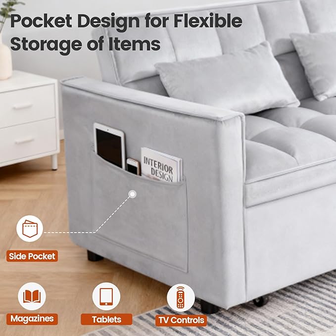 Convertible Sofa Bed Pull Out Sofa Bed with Adjustable Backrest 3 in 1 Velvet Fabric Loveseat Sleeper Sofa Bed Couch with Side Pockets for Living Room Bedroom Apartment Light Gray