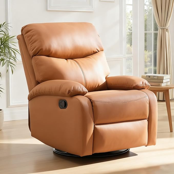 Genuine Leather Rocker Recliner Modern Manual Swivel Glider Recliner with Adjustable Backrest &amp Footrest Wall Hugger Swivel Rocking Recliner Chair for Modern Living Room and RV Warm Brown