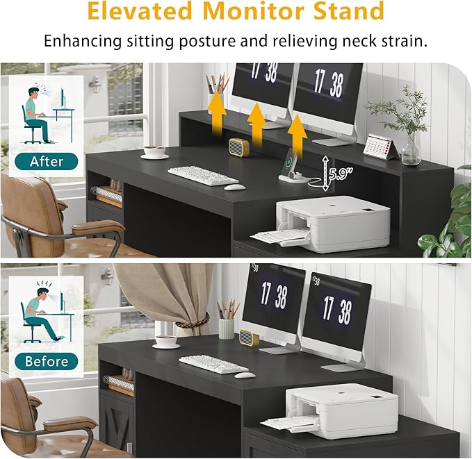 TVU Farmhouse Computer Desk with Drawers 65'' Home Office Desk with Power Outlets Storage Cabinet and Printer Stand Study Writing Desks with Long Monitor Stand Black