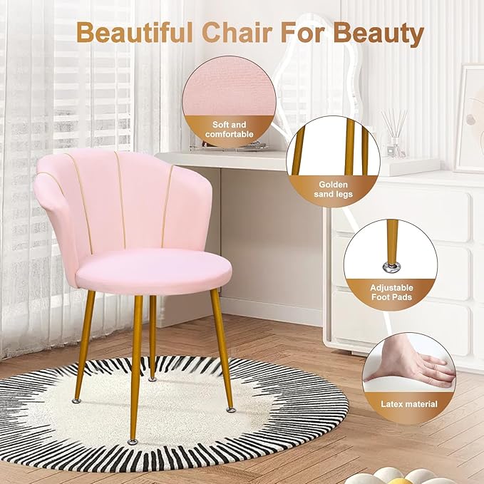 Mid-Century Modern Accent Chair Velvet Upholstered with Golden Legs - Versatile Dining Living Room Bedroom Study &amp Waiting Room Chair with Back Support Elegant Vanity Chair Pink