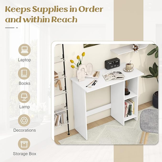 GOFLAME Small Computer Desk with Storage Modern Writing Desk with Adjustable Shelf Space Saving Laptop PC Desk with Anti-Toppling Kit Wooden Study Desk for Home Office White