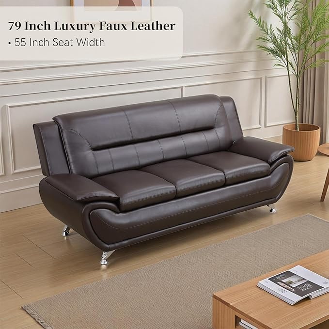 Modern Sofa and Loveseat Set Faux Leather 3 Seater Sofa 2 Seater Loveseat Button Tufted Seat Cushion Sectional Couches Living Room Furniture SetsBrown
