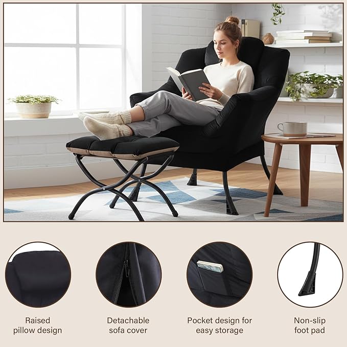 Welnow Lazy Chair with Ottoman Modern Accent Chair with Armrests and a Side Pocket Leisure Sofa Armchair Reading Armchair with Footrest for Small Space Black