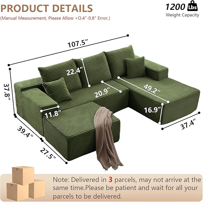107 Modular Sectional Sofa with Ottoman Modern Corduroy Cloud Couch with Deep Seat Boneless Couch Upholstered 3-Seater U-Shaped Sofa for Living Room No Assembly (Green Right-Facing Chaise)