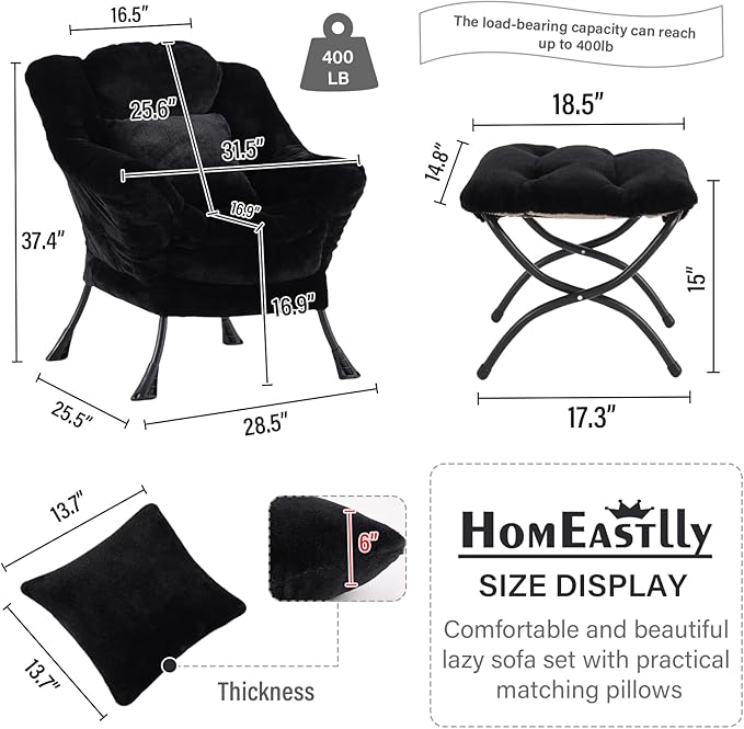 Lazy Chair with Ottoman Large Black Accent Chair with Ottoman and FA Throw Pillow Comfy Plush Reading Chair for Living Room Bedroom Dorm Room Office Apartment Relaxing Use