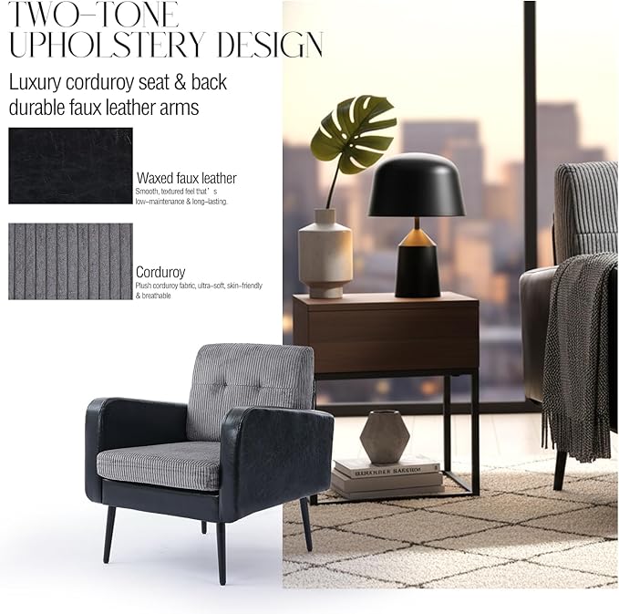Comfy Accent Chair for Living Room Chairs Mid Century Modern Reading Chair Accent Chairs Set of 2 with Metal LegsUpholstered Arm Chair for Bedroom Office Waiting Room (Black &amp Grey2)
