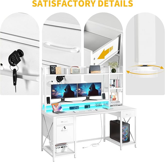 DWVO Computer Desk with Drawers &amp Hutch 59.1 Office Desk with Power Outlets &amp LED Lights Home Office Desk with Storage Shelves White