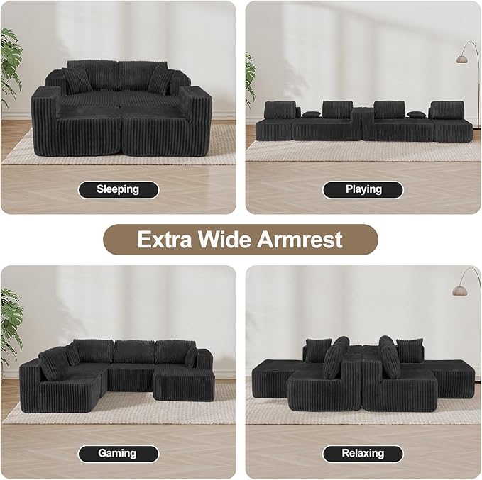 132 U Shaped Couch Oversized Modular Sectional Sofa with Chaise Corduroy U Shaped Couch with Deep Seat Boneless Couches for Living Room No Assembly Required Gray