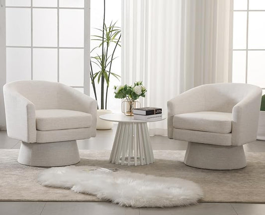 Modern Beige Swivel Accent Chair Set of 2 Upholstered Linen Barrel Chair Boucle Vanity Reading Chair Cozy Round Single Sofa Arm Chair Club Side Chairs for Bedroom/Waiting/Living Room