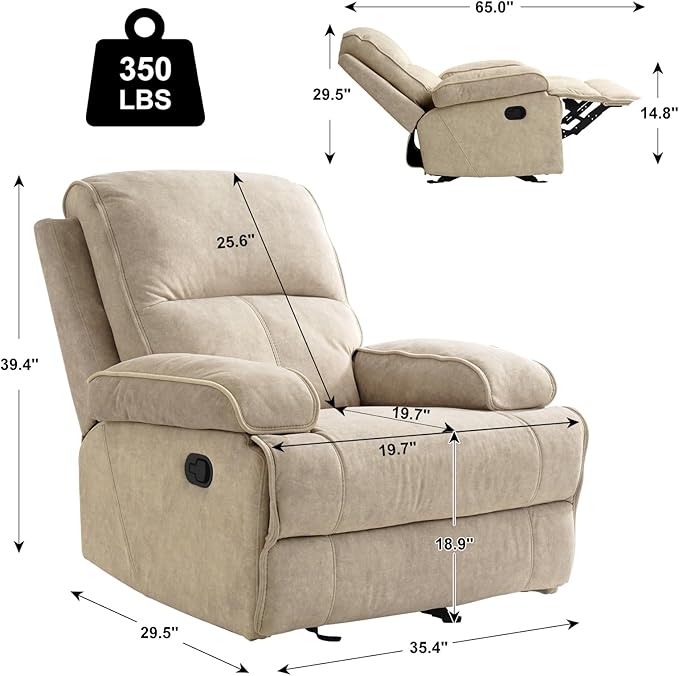 Manual Rocker Recliner Chair for Adults High Back Glider with Deep Seat Upholstered Fabric Armchair for Living Room &amp Nursery Flaxen
