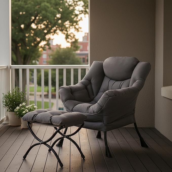 Tiita Lazy Chair with Ottoman Gray Modern Large Accent Chair Comfy Leisure Sofa Armchair with Ottoman Reading Chair with Footrest for Bedroom Living Room Dorm Rooms Garden Dark Grey