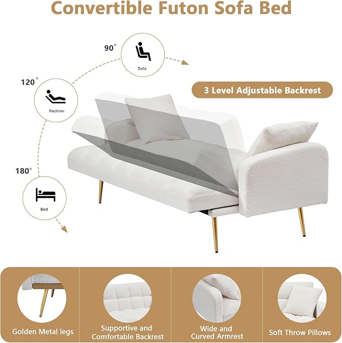 Teddy Futon Sofa Bed69 Modern Small Love Seat Couch for Small SpacesConvertible Tufted Sleeper Sofa Loveseat Couch Bed with Gold Metal Legs for Living RoomBedroom (Teddy Beige)
