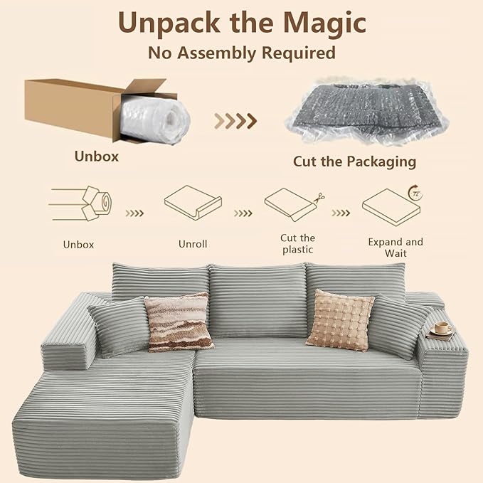96 Modular Sectional Sofa Modern Corduroy Cloud Couch with Deep Seat Boneless Couch Upholstered 3-Seater L-Shaped Sofa for Living Room No Assembly Required (Light Gray Left-Facing Chaise)
