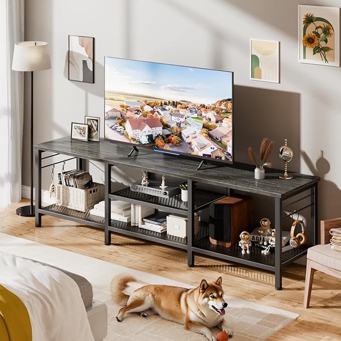 Furologee TV Stand for TVs up to 70 Inch 63 Inch Entertainment Center with Open Storage Shelves Television Stands with Soundbar Shelf for Living Room Bedroom Black Oak