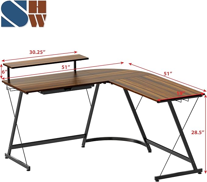 SHW 51 x 51 Inches Vista L-Shaped Desk with Monitor Stand and Drawer Walnut