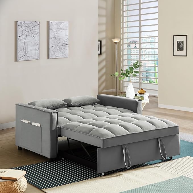 3 in 1 Convertible Sleeper Sofa Couch with Pull Out Bed55 Velvet Upholstered Futon Sofa BedModern Loveseat Sleeper Chaise with Adjustable Backrest for Living Room Guest Room Apartment(Grey)
