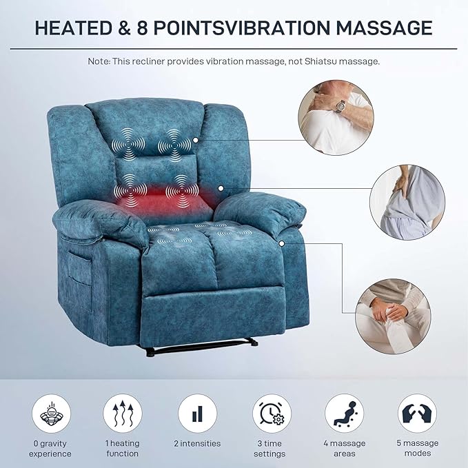 Oversized Recliner Chair &amp Massage Chair Recliner with HeatCozy Lazy Boy Recliners Chairs for Adults Blue Recliners Chairs&ampManual Reclining with Wide Seat Adjustable BackrestPockets (Blue)