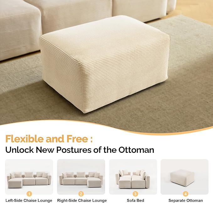 VINGLI Movable Ottoman for Corduroy Cloud Sectional Couches Cream