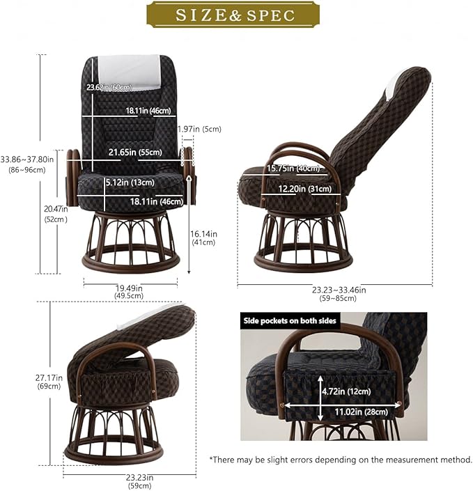 EMOOR Tatami Chair Japanese-Style Swivel Chair RYOKAN (Navy) Natural Rattan Armrest Recliner Living Room Upholstered Single Futon Sofa