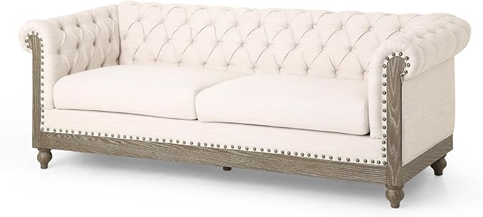 Merax Chesterfield Sofa Retro Style Upholstered 3 Seater Rolled Arm Couch for Living Room Bedroom Office Beige