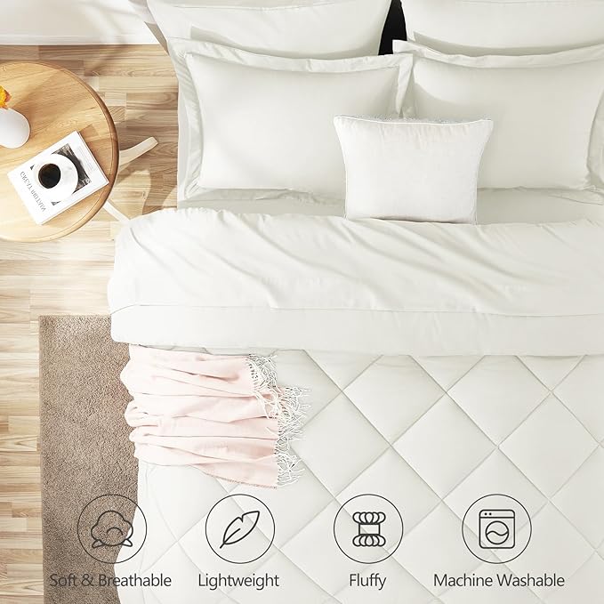 CozyLux King Size Comforter Set Ivory - 7 Pieces Bed in a Bag King Luxury Soft Bed Set for All Seasons Bedding Set with Down Alternative Comforter Sheets Pillowcases &amp Shams