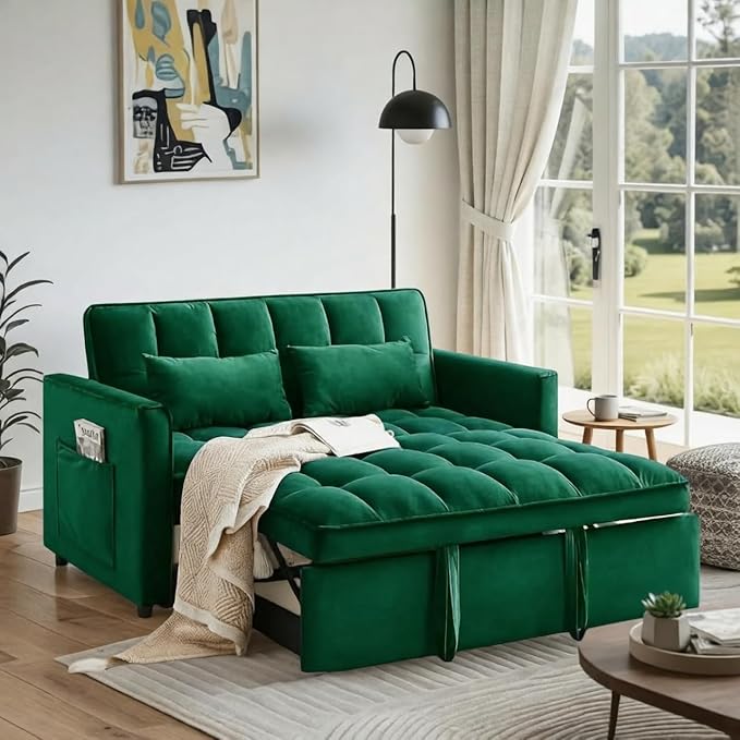 3 in 1 Convertible Sofa Bed Love Seat Sleeper Bed with Side Pockets Velvet Fabric Pull Out Couch with Adjustable Backrest for Living Room Bedroom Apartment Dark Green