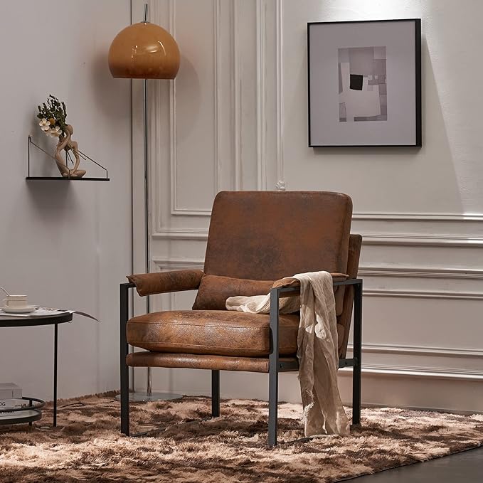 Mid-Century Armchair with Solid Wood FrameLiving Room Chair with Extra-Thick Padded Backrest and Seat CushionSingle Sofa Chairs with Non-Slip Feet105° Slop BackLinen Accent Chair for ClubOffice
